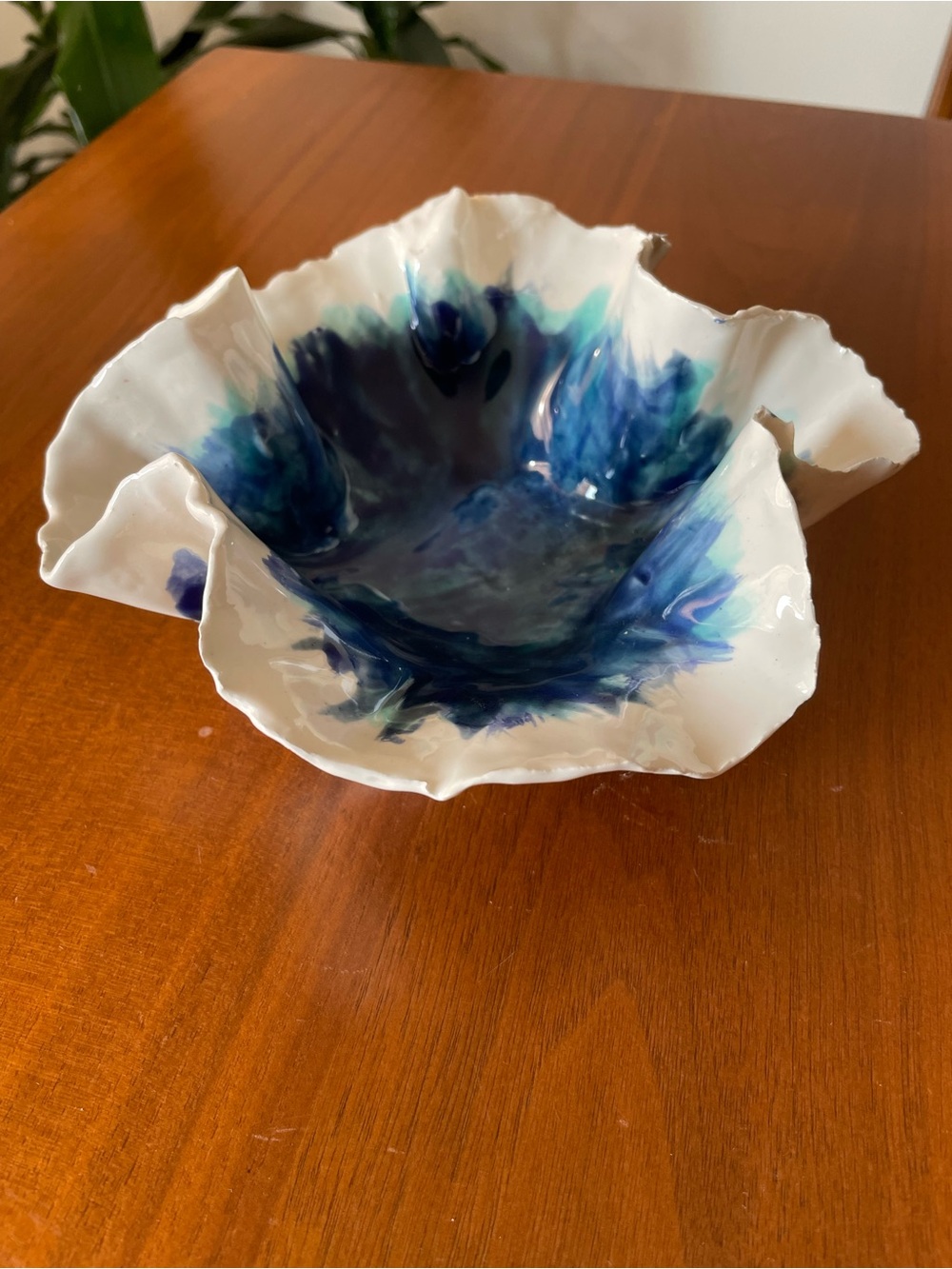 White Ceramic Decorative/ Ring Bowl with Blue Abstract Glaze - Picture 2 of 6